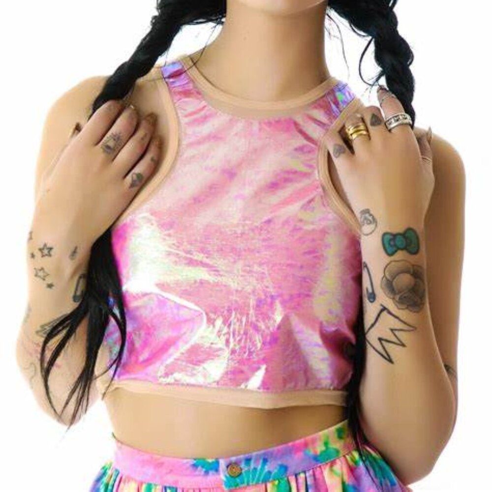 UNIF pink PLUR festival metallic crop tank top